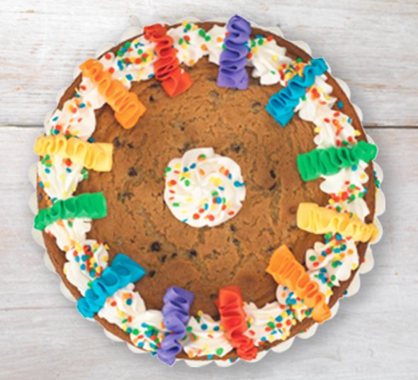 Our new Celebration Cookie Cake always brings the party. Featuring your favorite Baskin-Robbins ice cream flavor between two tasty chocolate chip cookies, decorated with colorful streamers and confetti. 