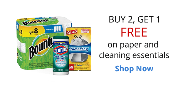 Buy 2, Get 1 Free on paper and cleaning essentials