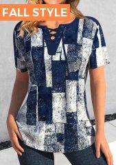 ROTITA Plus Size Lace Up Navy Geometric Print Blouse