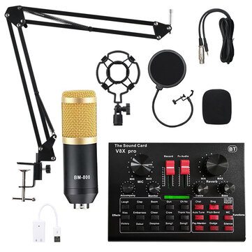 BM800 Condenser Microphone Kit Pro Audio Studio Sound Recording Microphone with V8X PRO Muti-functional Bluetooth Sound Card