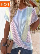 ROTITA Cross Hem Striped Multi Color Round Neck T Shirt