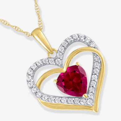 Heart-Shaped Lab-Created Ruby & Diamond Hearts Necklace 1/6 ct tw 10K Yellow Gold 18''