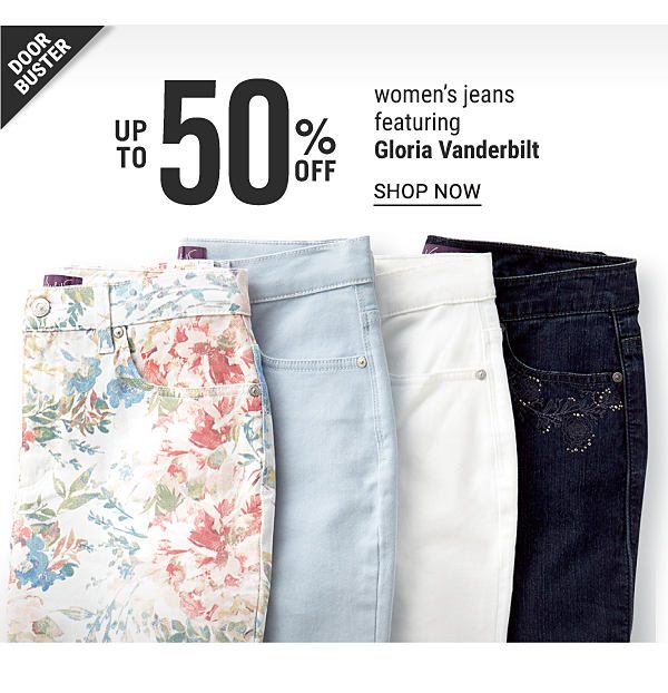 Doorbuster - Up to 50% off women's jeans featuring Gloria Vanderbilt. Shop Now.