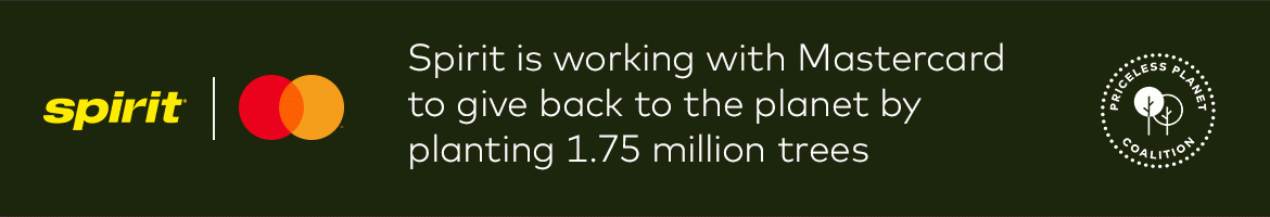 Spirit is working with Mastercard to give back to the planet by planting 1.75 million trees. Learn more