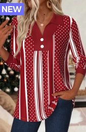 Red Button Striped Long Sleeve Turn Down Collar Shirt