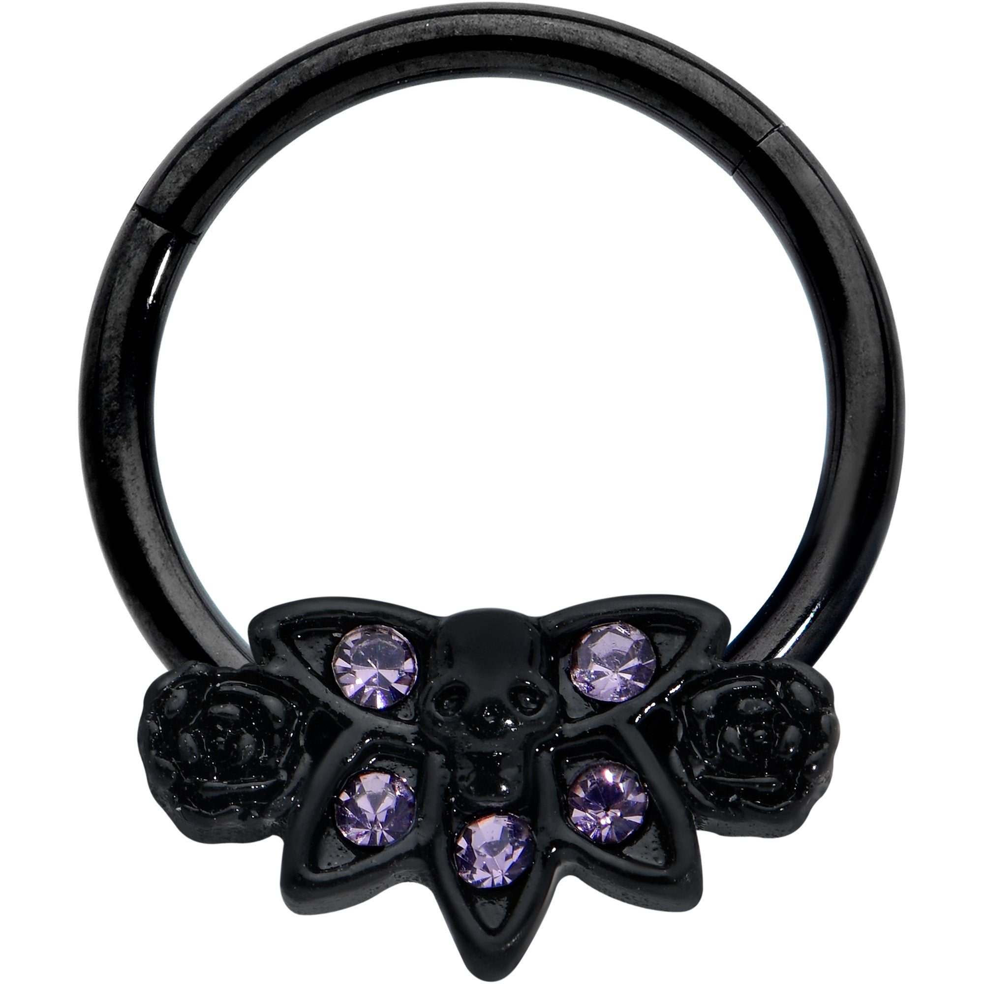 Image of 16 Gauge 3/8 Purple Gem Black Skull Blossom Hinged Segment Ring