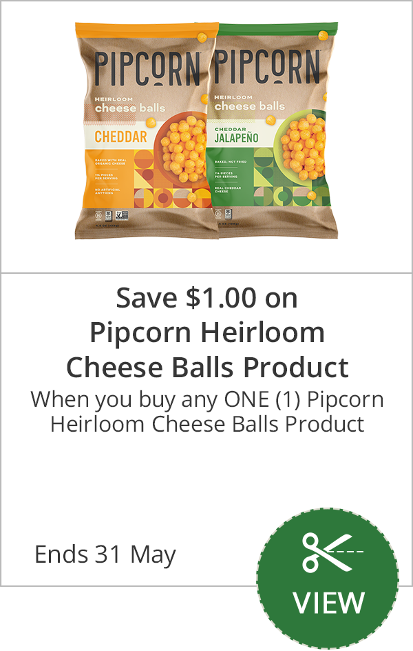 Save $1.00 on Pipcorn Heirloom Cheese Balls Product