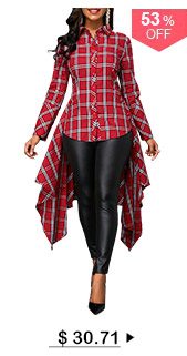 Asymmetric Hem Button Front Plaid Print Shirt