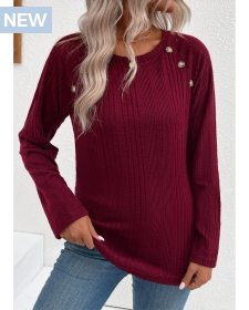 ROTITA Button Wine Red Round Neck Long Sleeve T Shirt