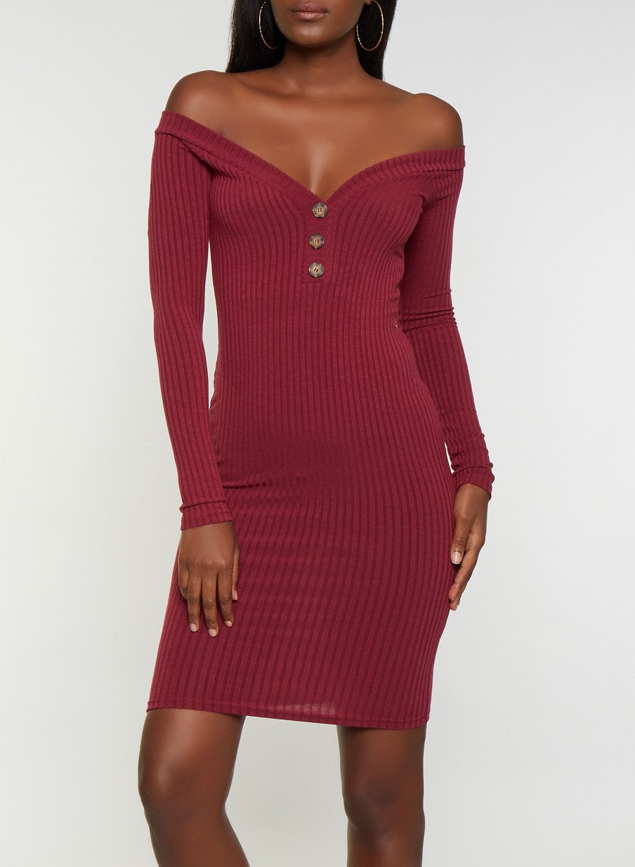 Ribbed Button Detail Off the Shoulder Bodycon Dress