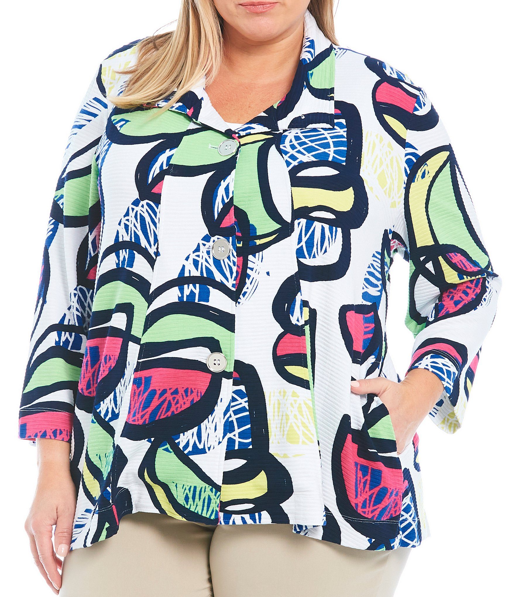 Multiples Plus Size Mod Art Print Button Front 34 Sleeve Ottoman Swing Jacket