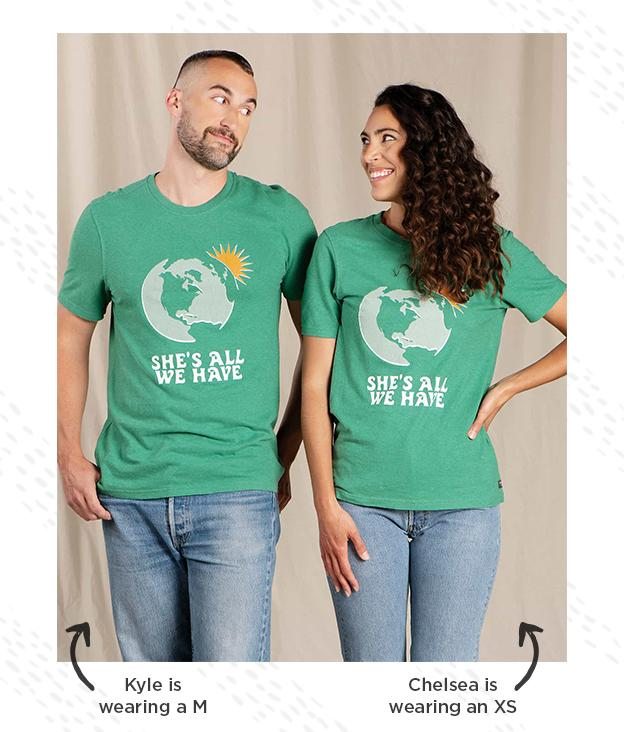 Kyle is wearing a M; Chelsea is wearing an XS