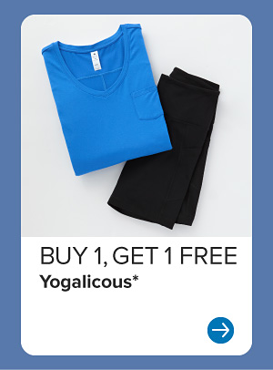 Image of a blue shirt and black shorts. Buy 1, get 1 free yogalicious.