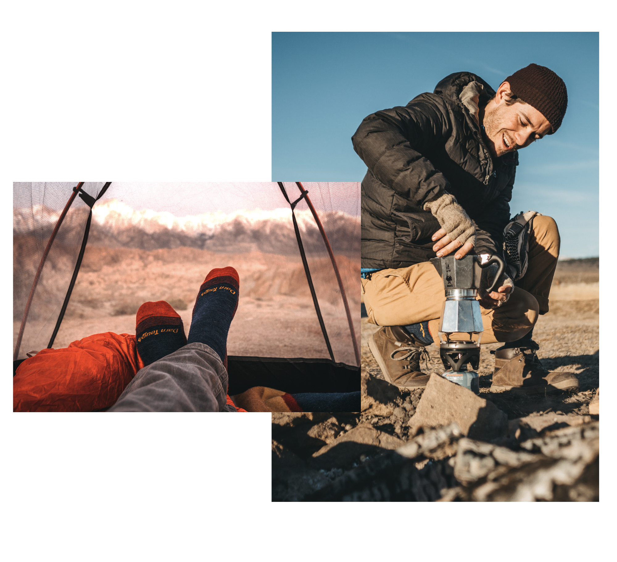 Two images, one of a man making some camp coffee in the Alabama Hills of California, the other image is of two feet in a tent.