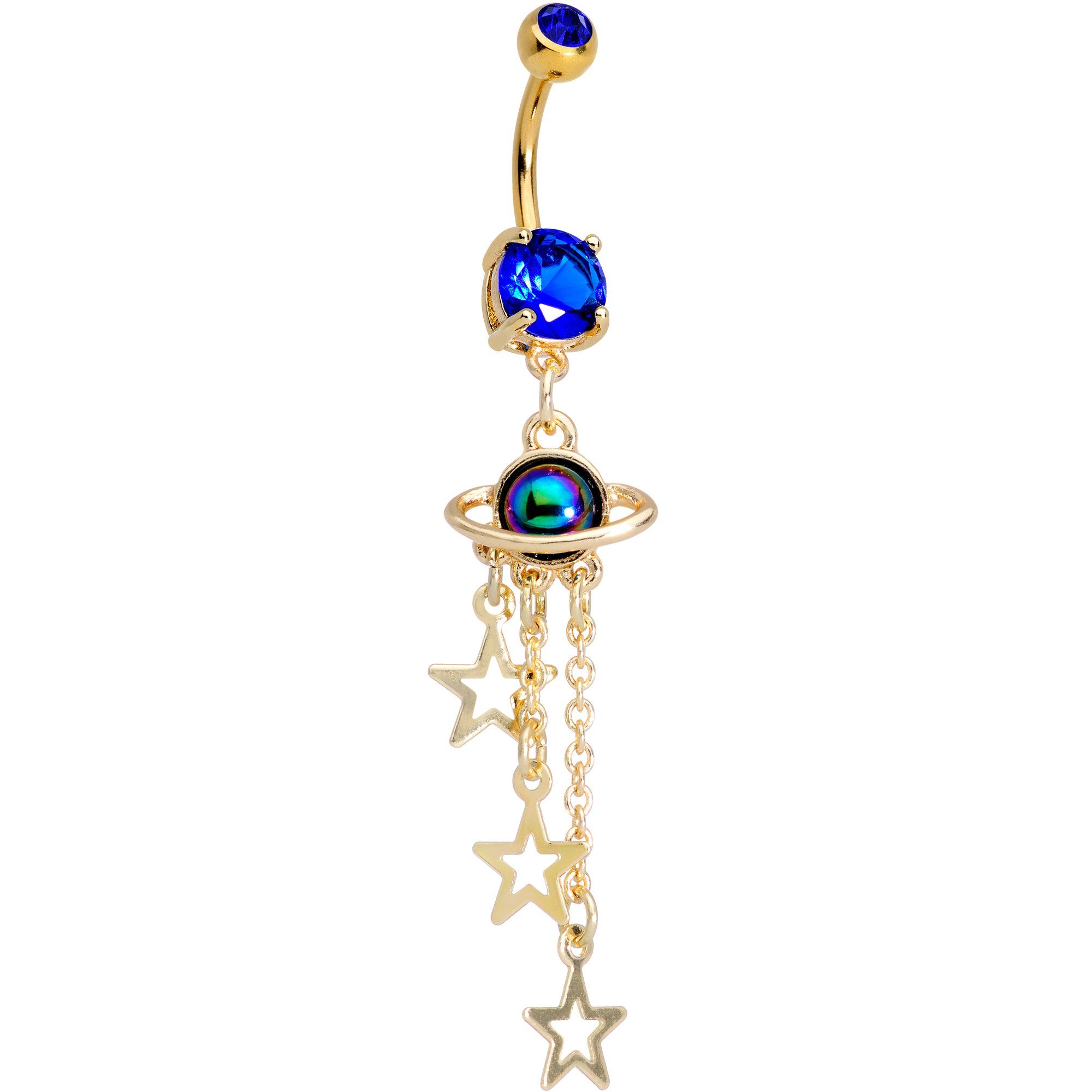 Blue Gem Gold PVD UFO Super Solar System Dangle Belly Ring