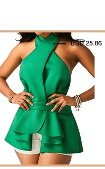 Green Cross Front Halter Peplum Blouse