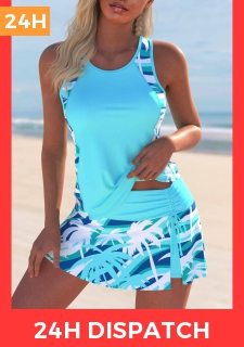 Cut Out Tropical Plants Print Cyan Tankini Set