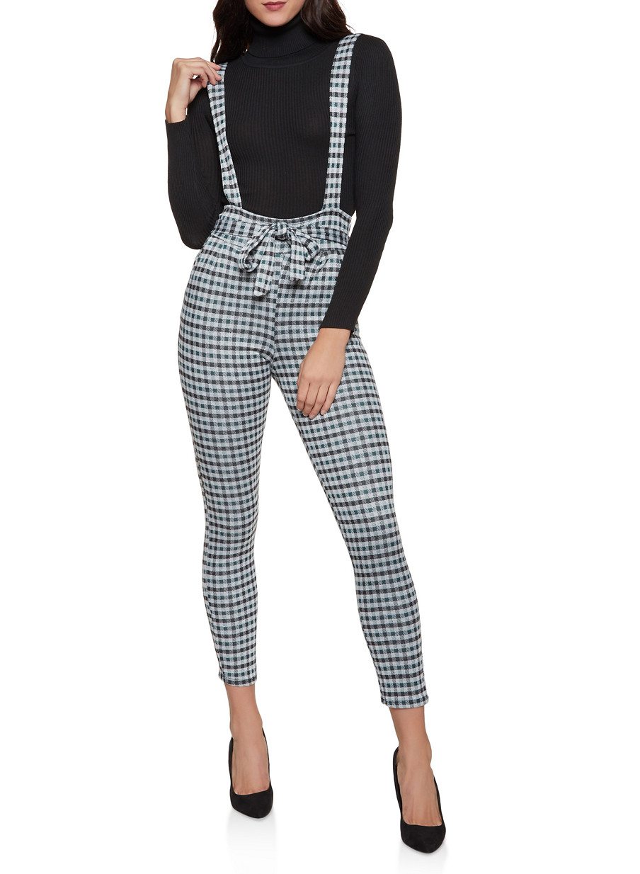 Plaid Tie Waist Suspender Pants