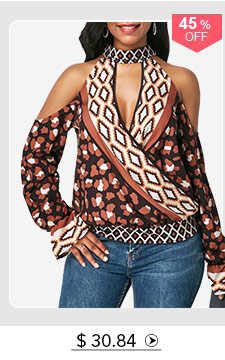 Cold Shoulder Choker Neck Mock Wrap Blouse