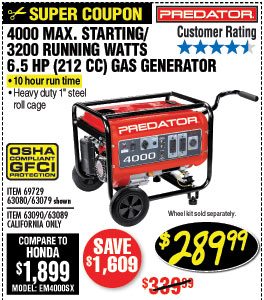 4000 Max Starting/3200 Running Watts, 6.5 HP (212cc) Generator EPA III with GFCI Outlet Protection