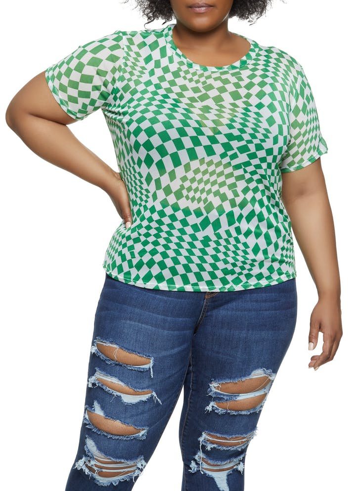 Plus Size Abstract Checkered Mesh Top