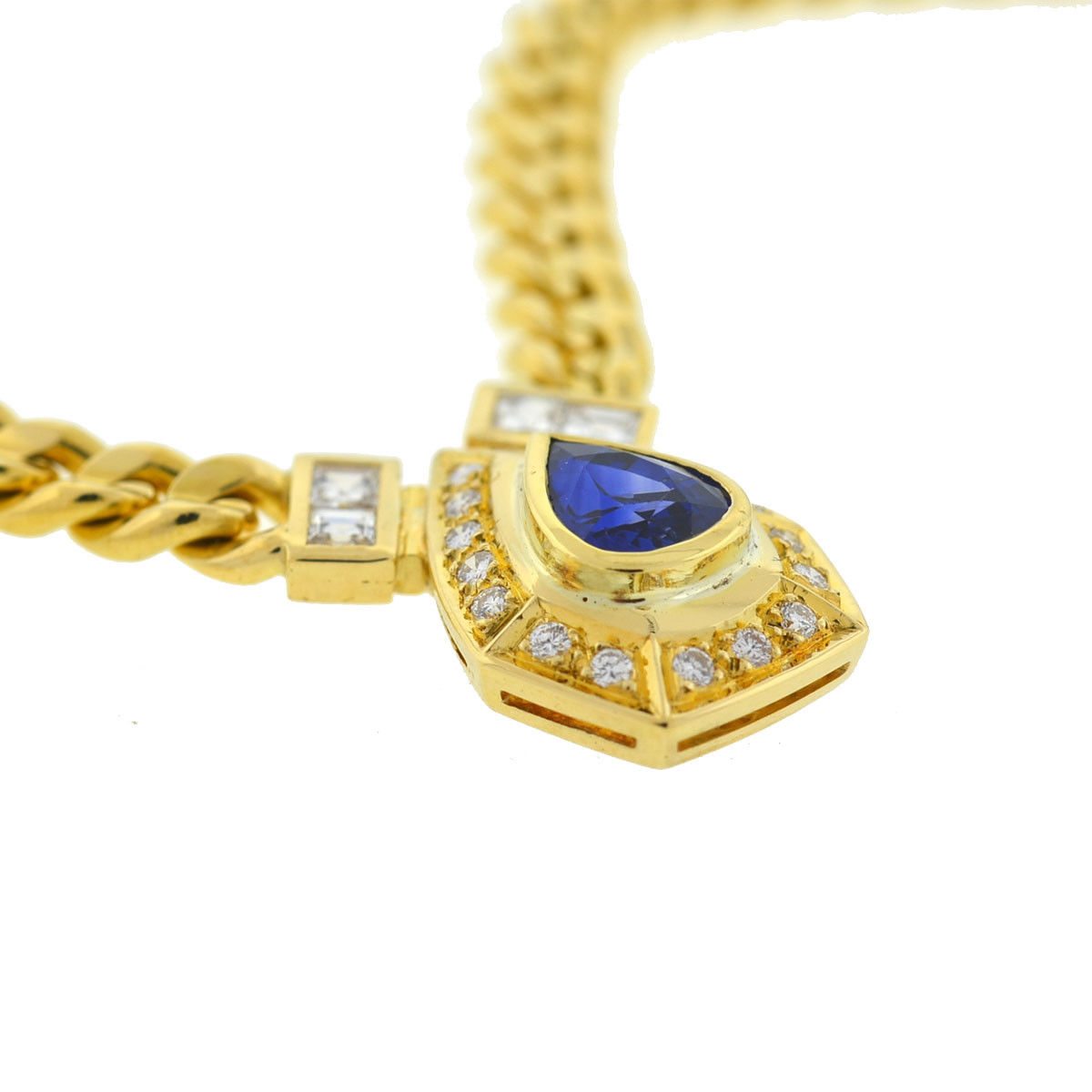 Image of 18k Yellow Gold Pear Shape Sapphire & Diamonds Pendant Necklace 