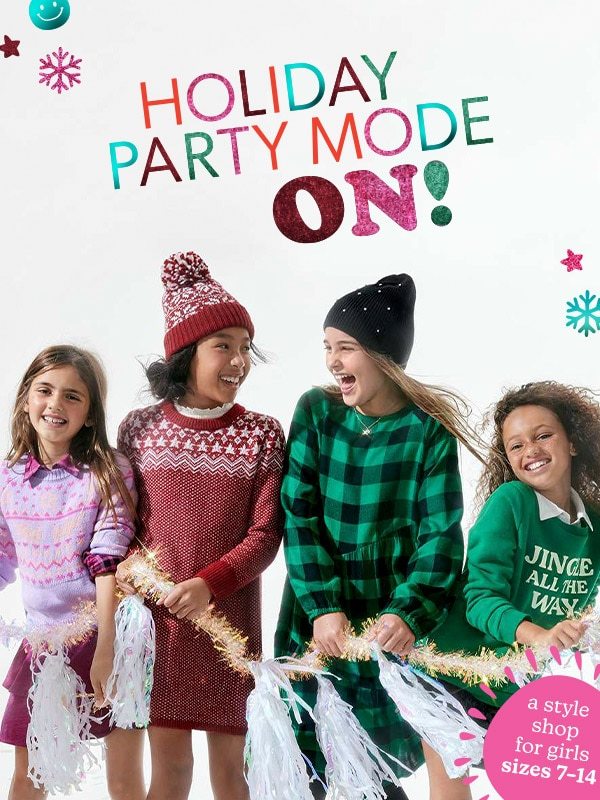 A style shop for girls sizes 7–14. Holiday party mode on! Models wearing evsie clothing.