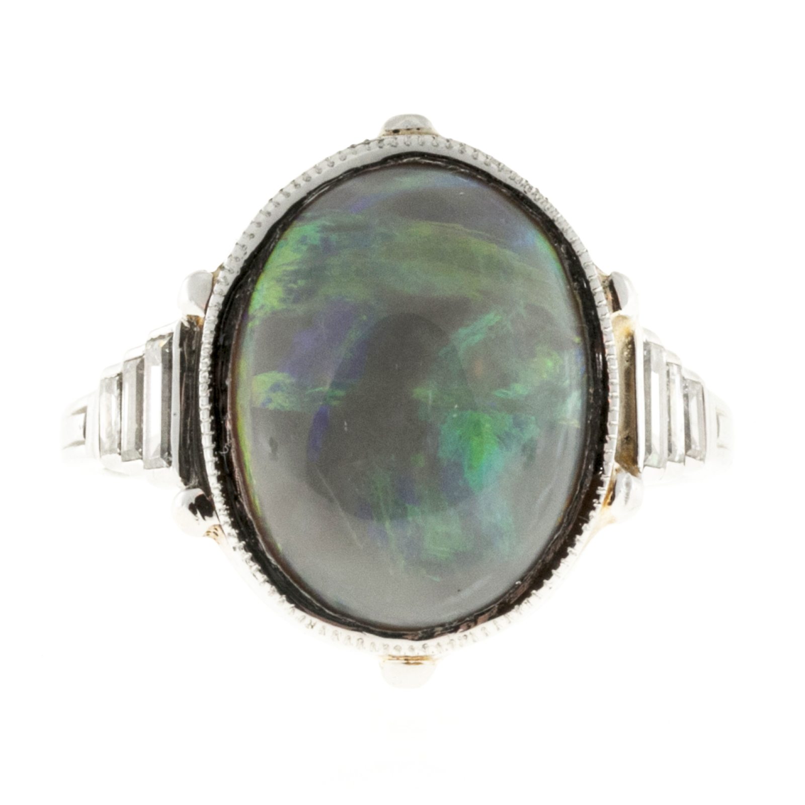 Image of Platinum 6.50ct Opal & Emerald Cut Diamond Ring Size 8.5
