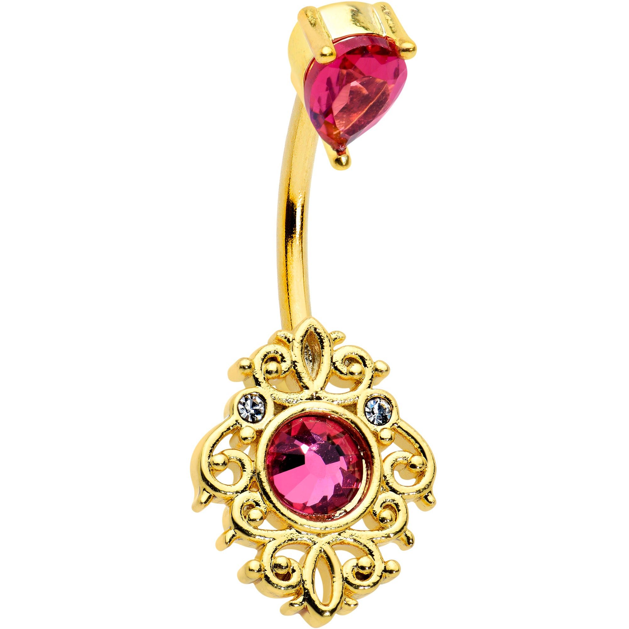 Image of Clear Pink Gem Gold Tone Open Lace Love Double Mount Belly Ring