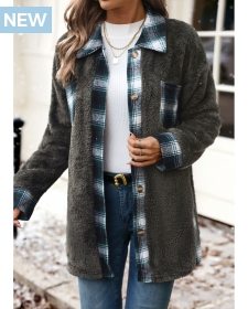 Plush Plaid Blackish Green Turn Down Collar Coat