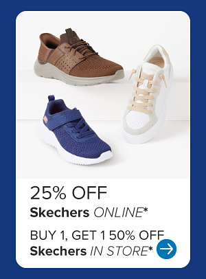 Image of various Skechers. Buy one, get one 50% off Skechers.