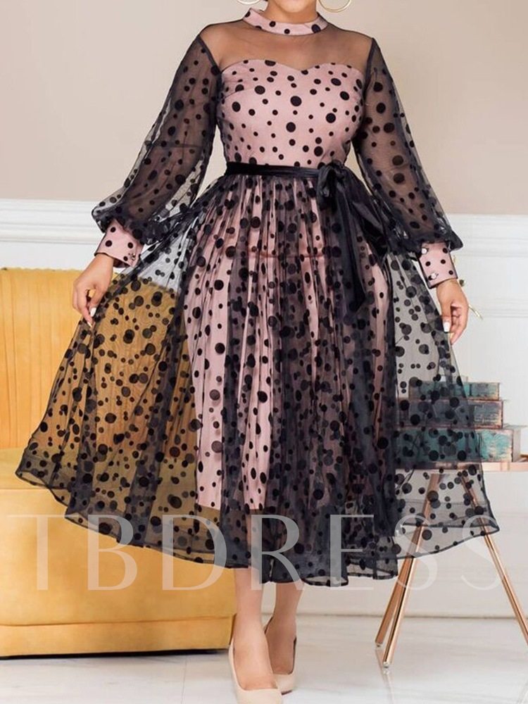 Plus Size Long Sleeve Mid-Calf Lace-Up Stand Collar Polka Dots Women's Dress