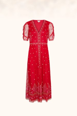 Danna embroidered mesh midi dress red
