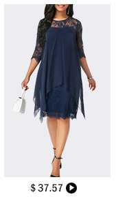 Three Quarter Sleeve Chiffon Overlay Navy Lace Dress