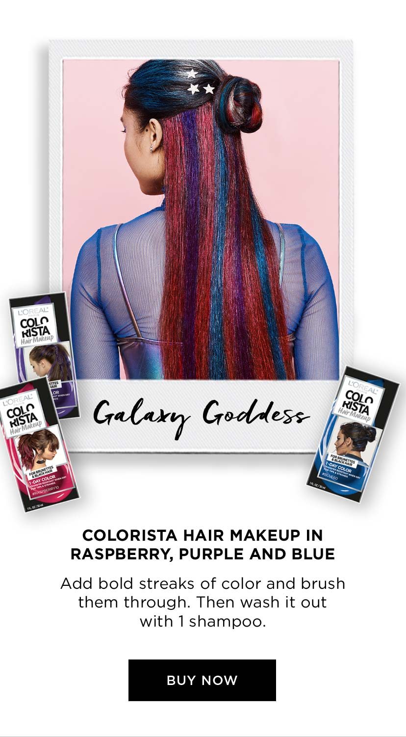 Galaxy Goddess - COLORISTA HAIR MAKEUP IN RASPBERRY, PURPLE AND BLUE - Add bold streaks of color and brush them through. Then wash it out with 1 shampoo. - BUY NOW