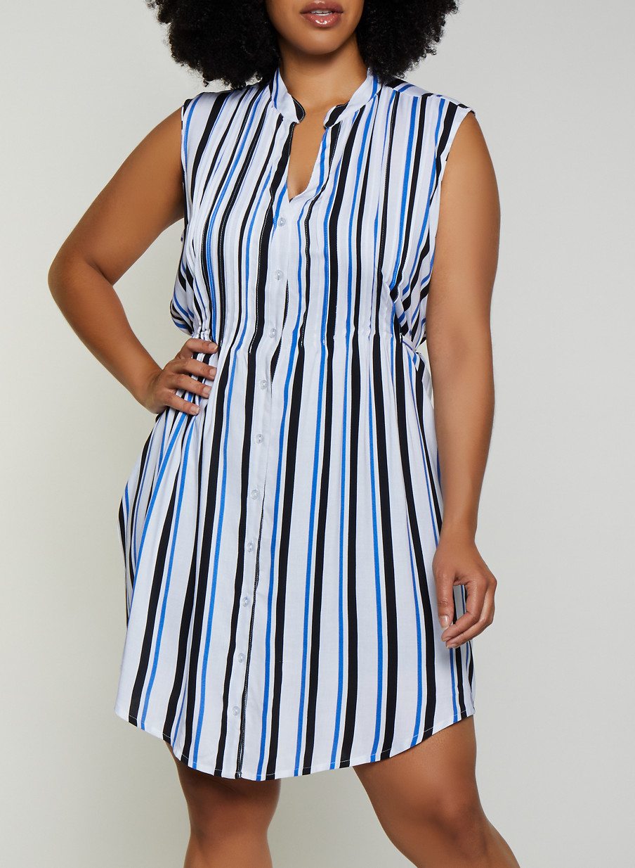 Plus Size Sleeveless Striped Button Front Dress