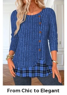 Blue Button Plaid Long Sleeve Round Neck T Shirt