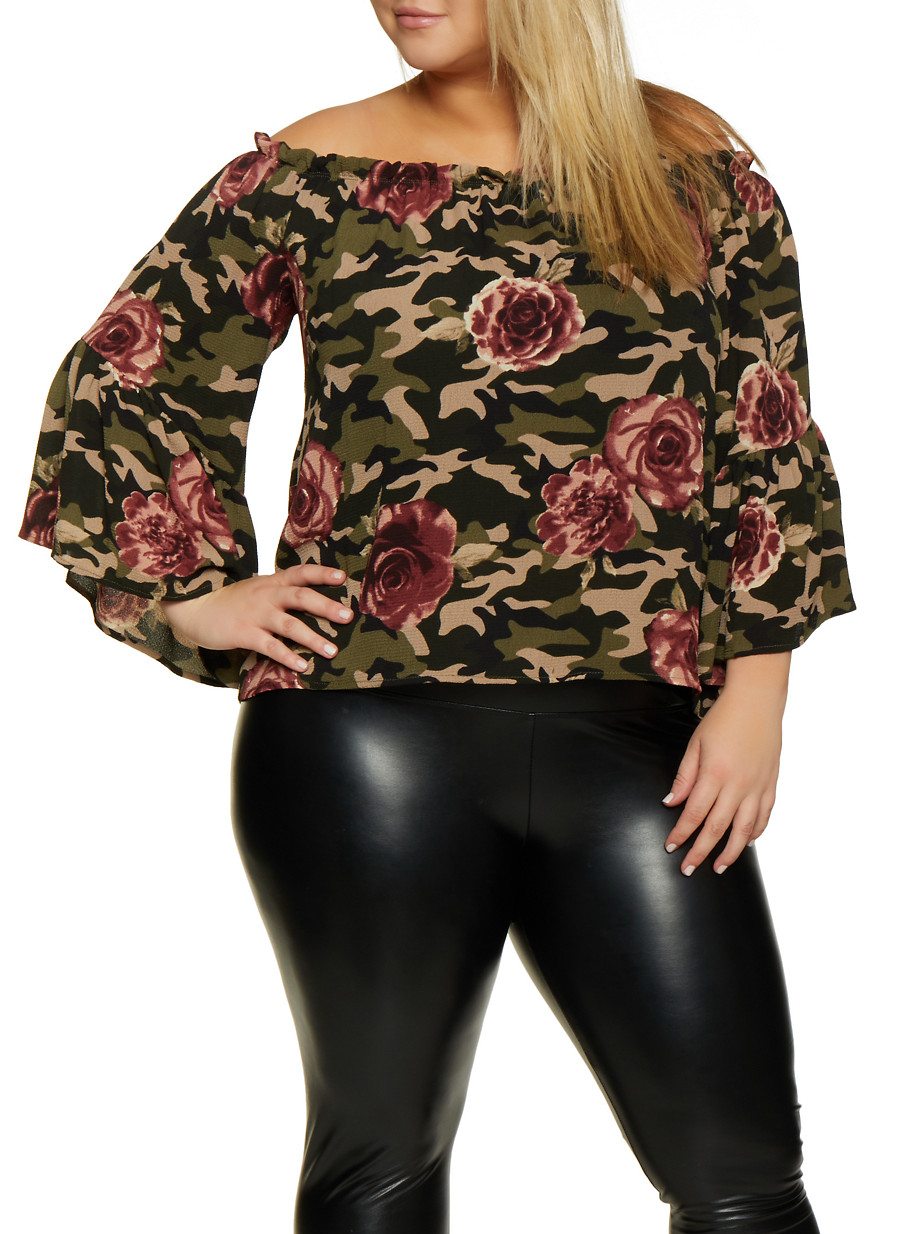 Plus Size Camo Floral Off the Shoulder Top