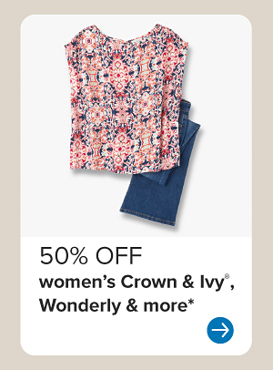 Image of a pink blouse and blue pants. 50% off women's Crown and Ivy, Wonderly and more.