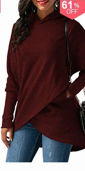 Long Sleeve Asymmetric Hem Wine Red Pocket Hoodie