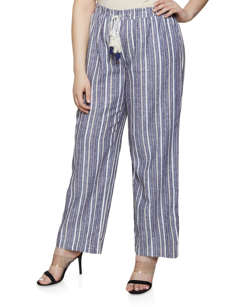 Plus Size Striped Linen Palazzo Pants