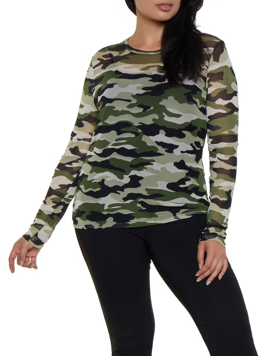 Plus Size Camo Long Sleeve Mesh Tee