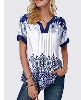 Retro Print Split Neck Pleated Blouse