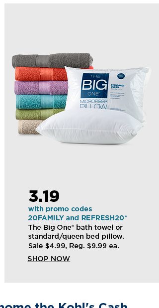 your price 3.19 the big one bath towel or standard/queen bed pillow after you enter promo codes 20FA