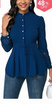 Lace Panel Crinkle Chest Navy Blue Peplum Blouse