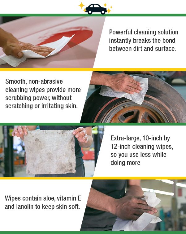 1) Powerful cleaning solution instantly brakes the bond between dirt and surface.; 2) Smooth, non-abrasive cleaning wipes provide more scrubbing power, without scratching or irritating skin.; 3) Extra-large, 10-inch by 12-inch cleaning wipes, so you use less while doing more; 4) Wipes contain aloe, vitamin E and lanolin to keep skin soft.