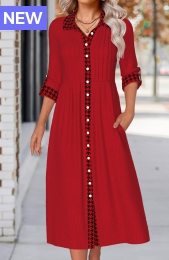 Wine Red Button Plaid Long Sleeve Shirt Collar Dress