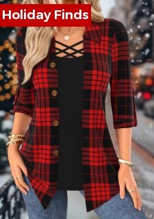 Red Criss Cross Plaid Fake Two Piece Twinset