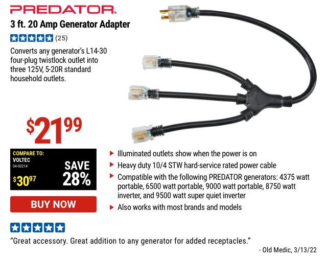 Predator: 3ft, 20amp Generator Adapter