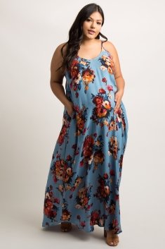 Blue Floral Print Plus Maternity Maxi Dress